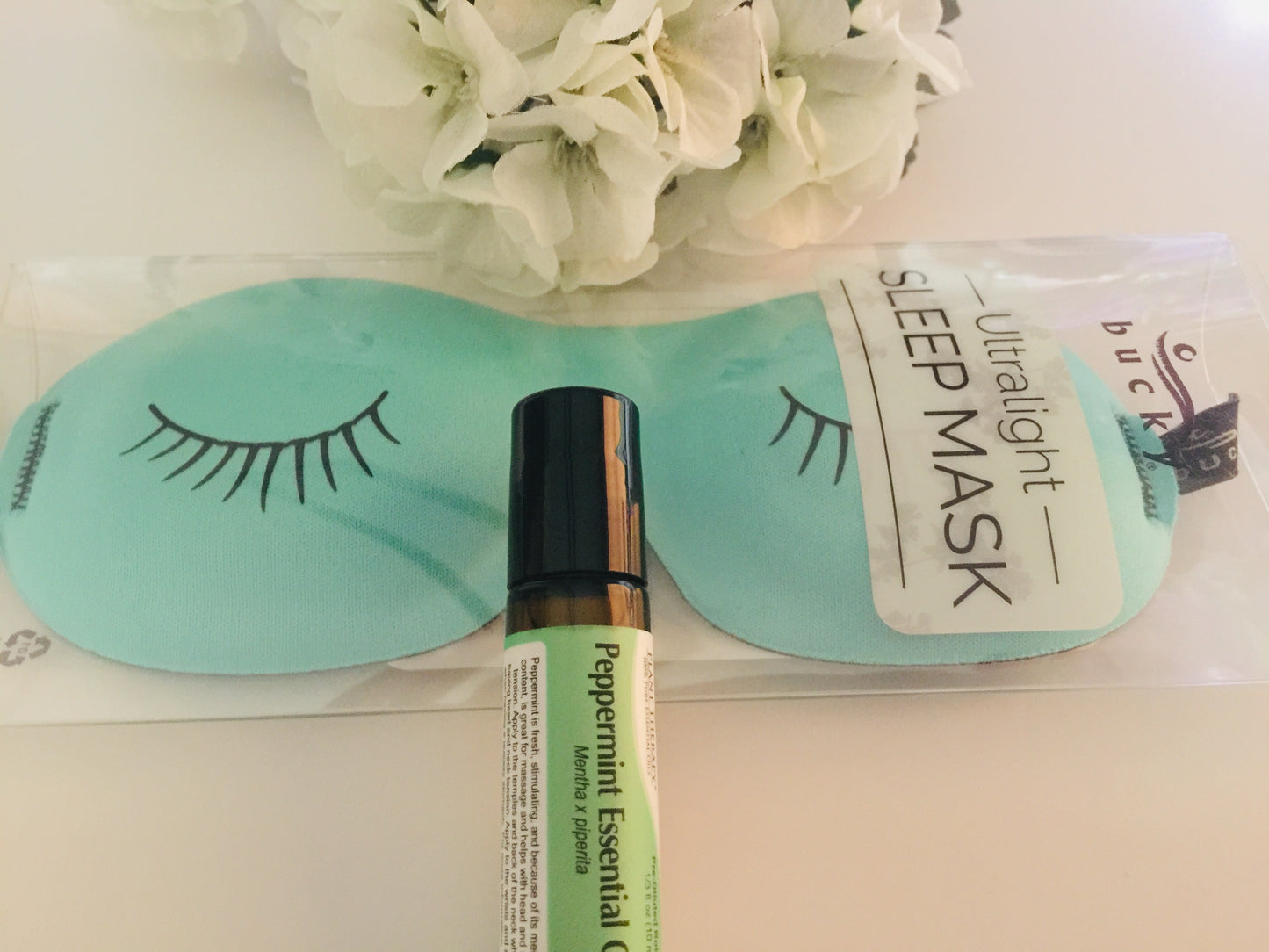 2-piece gift set of Relaxation! Eye Mask and Peppermint Essential Oil  (10 ml. pre-diluted) roller bottle, Ideal for power-napping